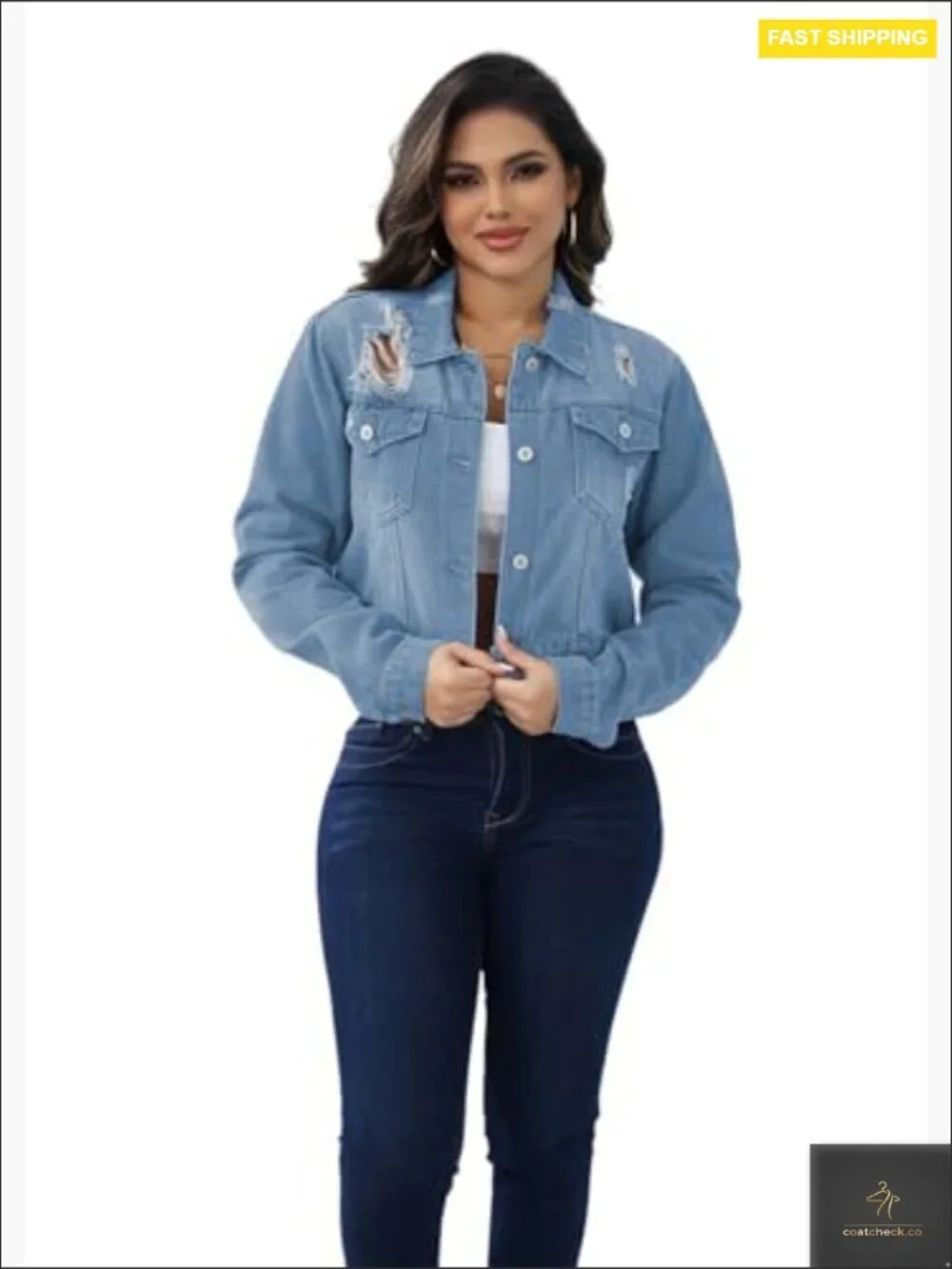 Distressed Denim Jacket Oversized Frayed Hem Long Sleeve Button Down Western_4